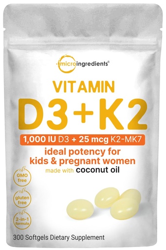 [BRSROBA5CENAGCA4] Micro Ingredients Vitamin D3 1,000 IU + K2 MK-7 25 mcg, 300 Softgels | Virgin Coconut Oil | 2-in-1 Bone, Immune & Heart Support | Easy to Swallow, Non-GMO