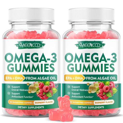 [BRSREADQOEPQE3TH] 2 Pack Omega-3 Gummies 1000mg, Omega 3 Fish Oil Alternative for Adults, Algae-Based DHA 600mg & EPA 300mg + Vitamins A, C, E, Zinc, Supports Overall Wellness, Raspberry Flavor, 120 Count