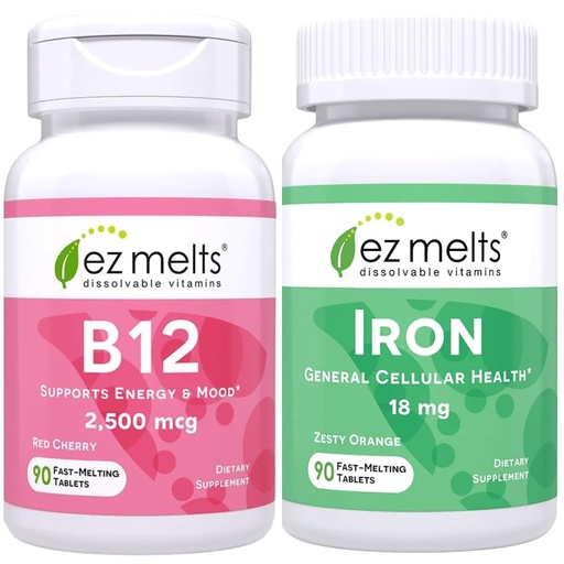 [BRSRACY6AEHB6232] EZ Melts B12 Sublingual Vitamin and Iron Supplement Bundle, Sugar Free, 3-Month Supply