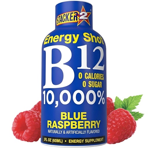 [BRSRYYY2BYGRAHQ4] Stacker Vitamin B Complex B12 B6 B3 Liquid Energy Shots - Blue Rasperry Cyanocobalamin, 10,000% DRV - B-6 Pyridoxine 40mg - B3 Niacinamide (Niacin) 20mg - Bundle Pack (2oz, Pack of 24)