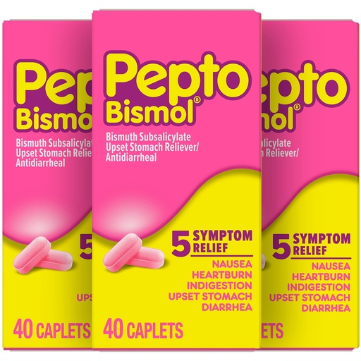 [BRSWIYYOAAOGKHTU] Pepto Bismol Caplets for Nausea, Heartburn, Indigestion, Upset Stomach, and Diarrhea, 5 Symptom Fast Relief in a Convenient Form, 120 Total (3 Packs of 40)