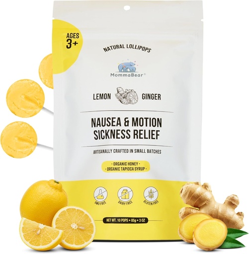[BRSWYHYHB56GYHLA] MommaBear Nausea & Motion Sickness Lollipops - Non-GMO Lemon & Ginger Candy for Nausea - Lollipops orgánicos para nenos 3 + e mulleres embarazadas para aliviar a queasidade - axustado para a frescura (10 Pack)