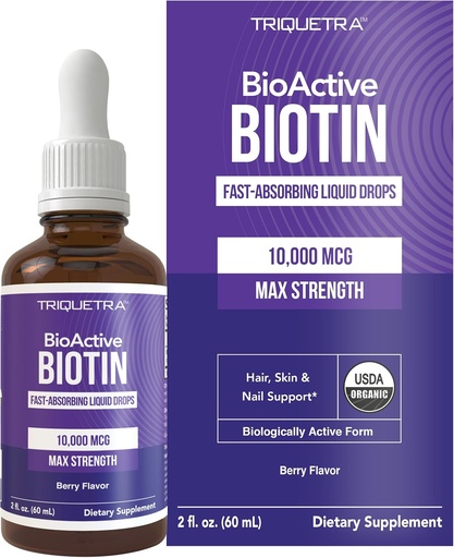 [BRSRAHQKDMBRUADB] Triquetra Health Biotin Hair Support for Women – Organic 10000mcg USP Grade – Premium Liquid Supplement for High Absorption – Supports Healthy Hair, Skin & Nails – Berry Flavor – 180 Servings – 2 oz