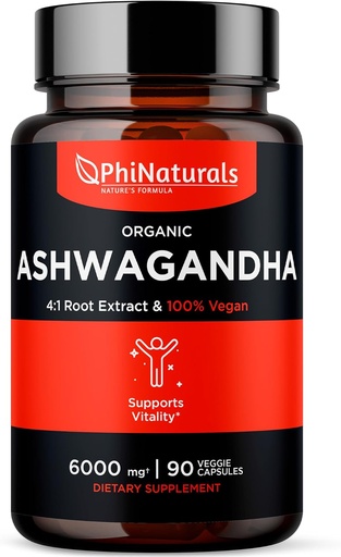 [BRSWGZAYDMCWYGQY] PhiNaturals Organic Ashwagandha Root Extract in Vegan Capsules Equal to 6000 Mg Root - Ashwaganda Supplement for Men and Women with 1500 Mg Per Serving 30 Servings - 500mg Per Vegan Capsule 90 Count