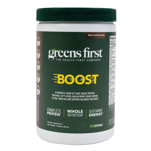 [BRSWIZQEAQAWMYA5] Greens First Boost - Plant-Based Protein & Balanced Nutrition - Superfood Shake Mix - No Wheat or Soy - Dairy-Free - Vegan - Dutch Chocolate - 12.28 oz