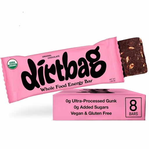 [BRSRABDQDMIBU3A6] Dirtbag Bar, Organic Whole Food Energy Bar with Clean Plant Protein, Original Chocolate, 8 Pack, Dates, Oats, Nuts, 100% Dark Chocolate, NO Ultra-Processed Gunk, Vegan & Gluten Free.
