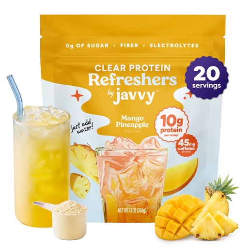 [BRSRGAALDICB42YZ] Javvy Clear Protein Refresher Drink Mix – 10g of Whey Protein and Collagen Peptides, Electrolytes Powder, Natural Flavors, 0g of Sugar, 45mg Caffeine, 20 Servings, Pineapple Mango