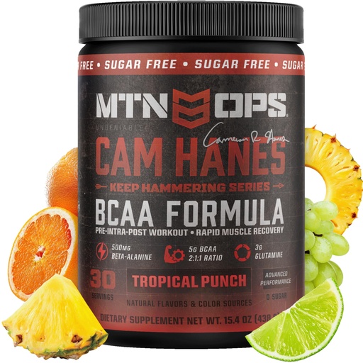 [BRSRABD4CIMW2ADJ] MTN OPS BCAA Powder 2:1:1 Amino Acids Supplement Powder for Rapid Muscle Recovery & Repair with Zero Sugar & Gluten Free - 30-Servings, Tropical Punch, Cameron Hanes Keep Hammering Series