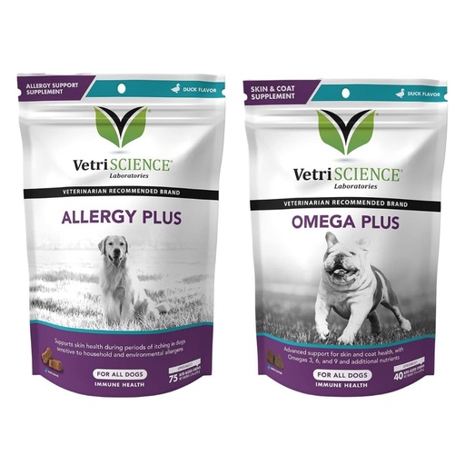 [BRSROGD2CUCGCHT2] VetriScience Allergy Plus Immune Support Supplement for Dogs, Duck Flavor, 75 Chews & Omega Plus Advanced Skin Supplement for Dogs, 40 Chews