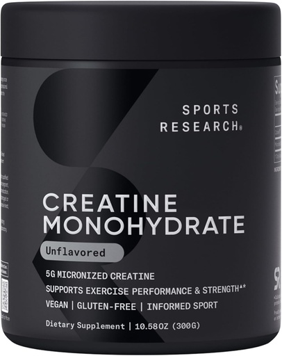 [BRSROEIDDF5WAYLX] Sports Research Creatine Monohydrate - Gain Lean Muscle, Improve Performance and Strength and Support Workout Recovery - 5 g Micronized Creatine - 10.58 oz