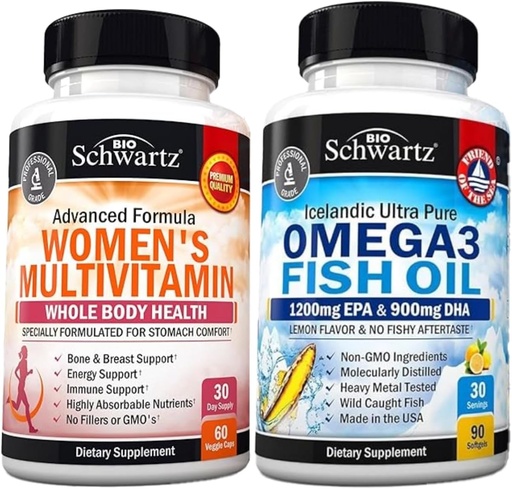 [BRSRAAAOBUFGG3D5] Daily Multivitamin for Women Capsules (1 Month Supply) Plus Triple Strength Omega 3 Fish Oil Softgels (1 Month Supply)