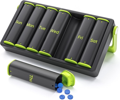 [BRSRM2YLCUCQOGTV] Weekly Pill Organizer 2 Times a Day, KOVIUU Large Travel Pill Box 7 Day, Am Pm Twice Daily Pill Case with Rotatable Handle, Pill Holder Container for Vitamin, Medicine, Supplement, Fish Oil, Green
