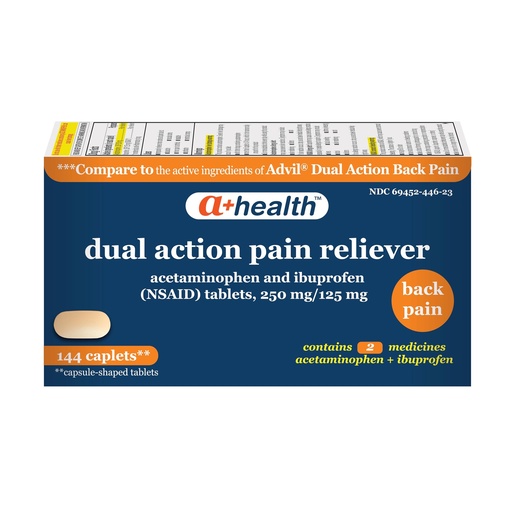 [BRSROGL4OYNQ4HQ6] A+Health Dual Action Back Pain, Acetaminophen 250mg and Ibuprofen 125mg Caplets, Pain Reliever, 144 Count, Contains 2 Medicines in 1 Caplet, Up to 8 Hours of Pain Relief