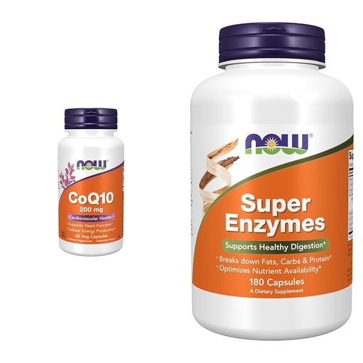 [BRSROCYKPMORO3T4] NOW Supplements, CoQ10 (Coenzyme Q10) 200 mg, Cardiovascular Health*, 60 Veg Capsules & Supplements, Super Enzymes, Formulated with Bromelain, Ox Bile, Pancreatin and Papain,180 Capsules