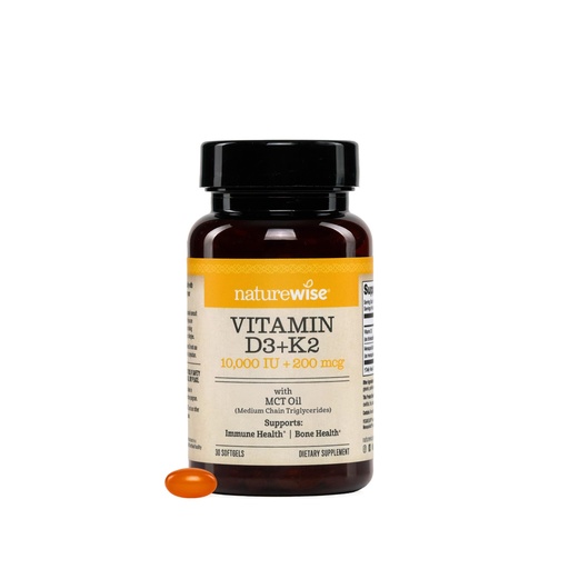 [BRSREZYQBEDR6YD2] NatureWise Vegan Vitamin D3 + K2 in Organic Coconut MCT Oil - Natural D3 10000IU + Natural K2 200mcg - High Absorption Bone Support - Non-GMO - USA Manufactured - 30 Softgels[30-Day Supply]