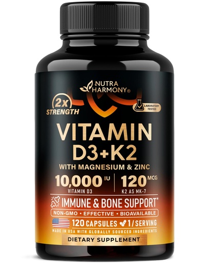 [BRSRAEI6OIHRGELX] Vitamin D3 K2 - Vitamin D3 10000 iu & K2 as MK-7 120 mcg - Immune & Mood Support, for Bone & Teeth Health - with Magnesium, Zinc & Vitamin C & B12 - Highly Bioavailable - Made in USA, 120 Capsules