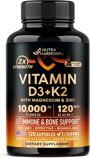 [BRSRAEI6OIHRGELX] Vitamine D3 K2 - Vitamine D3 10000 ie & K2 als MK-7 120 mcg - Immune & Mood Support, for Bone & Teeth Health - with Magnesium, Zink & Vitamin C & B12 - Highly Bio available - Made in USA, 120 Capsules