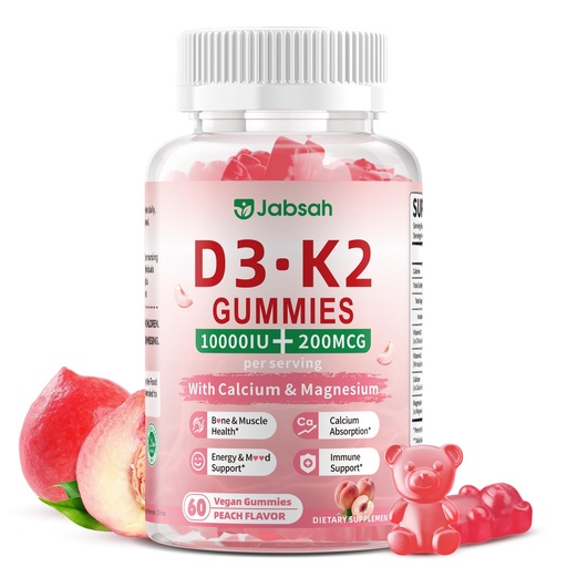 [BRSRGCQNCMMBUHLO] Vitamin D3 K2 Gummies 10000 IU with Calcium,Magnesium & K2 (MK-7), Extra Strength - K2 D3 Vitamin Supplement for Bone, Muscle, Teeth, Immune Support, Peach Flavor, Vegan, Sugar Free, 60 Count