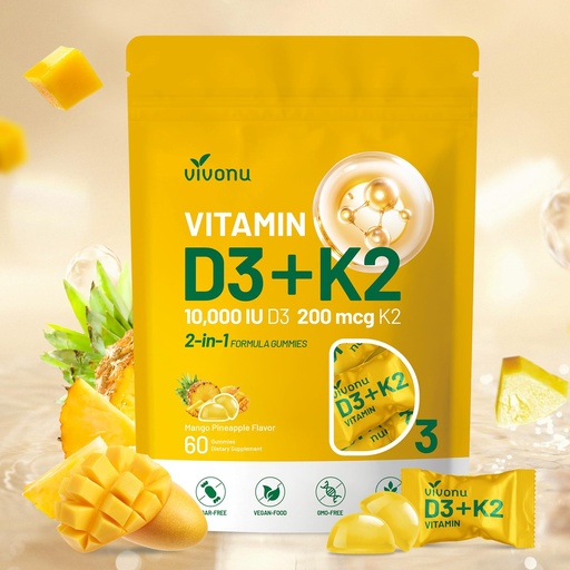 [BRSREHA3BMIBEEQY] Vitamin D3 K2 Gummies, D3 10000 IU & MK7-200 mcg, 2 in 1 Vitamins D & K Complex | Vitamina D3 con K2 | Supports Calcium Absorption, Bone, Immune, & Heart Health, Easy to Carry and use (60 Gummies)