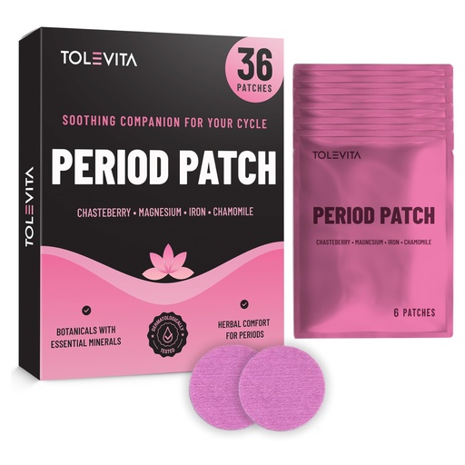 [BRSRGFACBUJWYG3J] TOLEVITA Period Relief Patches 36 Pcs – Herbal Cramp Support with Chasteberry, Magnesium, Evening Primrose, Dong Quai, Curcumin, Vitamins B6 & E, Iron, Chamomile – Hormonal Balance & Menstrual Comfort