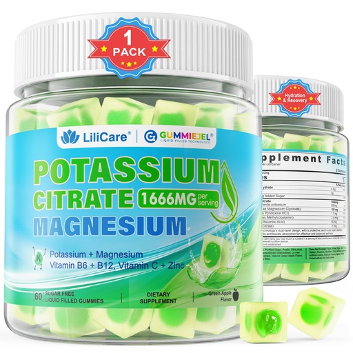[BRSREZTRA4OWYAYY] Potassium Citrate 1666mg Gummies + Magnesium Glycinate + Zinc, Potassium Supplement for Adults Women Men, Sugar Free Electrolyte Balance Gummies w/B6, B12 & C for Hydration, Leg Cramps & Energy, 60Cts