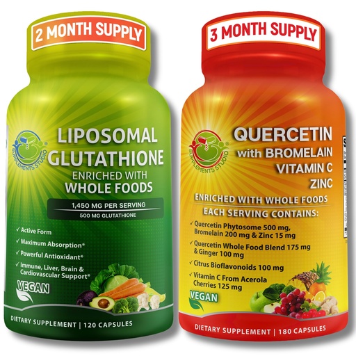[BRSRMGA5OQCQ2HLD] Liposomal Glutathione 500mg & Quercetin with Bromelain, Zinc, and Vitamin C – Antioxidant & Immune Support Bundle with Organic Whole Food Blends – Vegan, Non-GMO Respiratory Health Formula