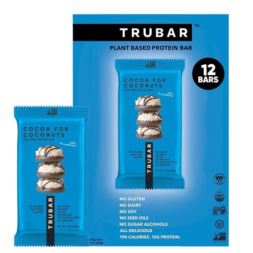 [BRSREGITCJ6WAETD] TRUBAR Vegan Protein Bar, Cocoa For Coconuts, Gluten Free, Plant Based Protein, Dairy Free, Non GMO, Soy Free, No Sugar Alcohols, 12G Protein, 12G Fiber, 23G Carb, On the Go Snack Bars, 12ct