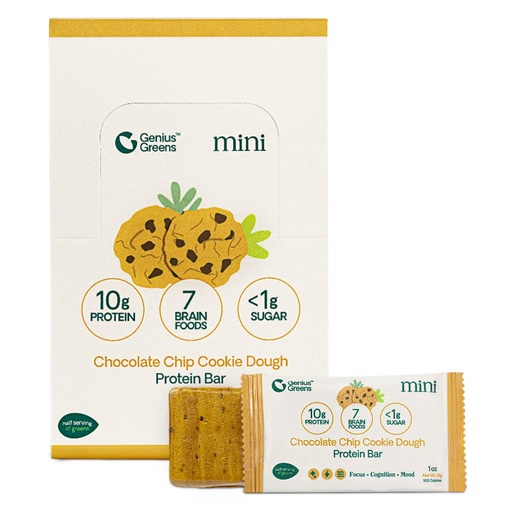 [BRSRGYAQBV7GEHTH] GENIUS GREENS High Protein Bars Low Sugar - Less than 1g of Sugar Protein Bars, Low Carb, Gluten Free - 36% Protein (10g) - 7 Brain Foods - Support Brain Health - Memory - Focus - Contains Lions Mane Mushroom - Green Blend - Turmeric - Genius Greens On-The-Go-Snack - Chocoalte Chip Cookie Dough 1oz. 12 Count