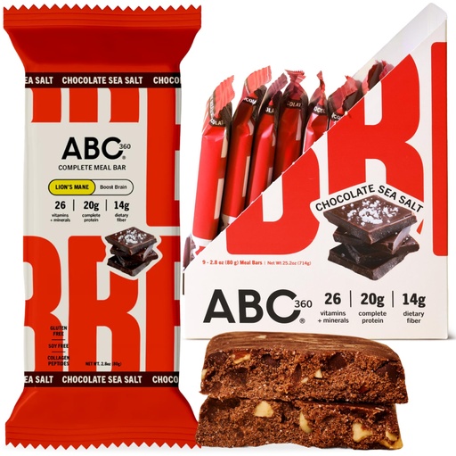 [BRSRGAY6CMBAO3TZ] ABC 360 High Protein Meal Replacement Bars | Marine Collagen Peptides + Plant Protein Bar | 26 Vitamins & Minerals, Whey Free | Chocolate Sea Salt with Lion’s Mane – 9 Pack (9 x 80g)