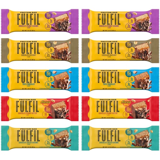 [BRSRGA34OIJQ2C3F] Fulfil Protein Bars Variety – 10-Pack, Gluten Free with 15g Protein 5 Flavors: Choc Hazelnut, Chocolate Salted Caramel, Chocolate Peanut Caramel, Triple Chocolate & Resse’s Chocolate Peanut Butter – Perfect Snack, Dessert, Gift & Party Treats