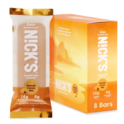 [BRSW2BQNAAJW2CLV] Nick's Smak Bar, Protein Bar, Peanut Cacao Nib, Eat Cold, No Added Sugar, Protein Keto Snack, 14g Protein, 6g net carbs, 8 Count