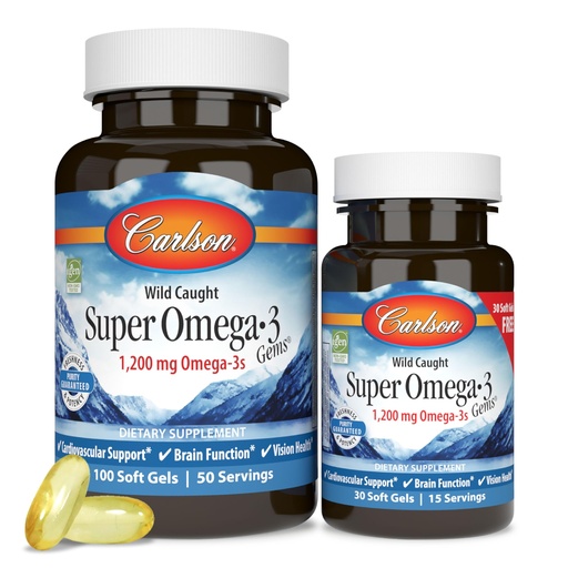 [BRSWIYYFAV5G2CDM] Carlson - Super Omega-3 Gems, 1200 mg Omega-3 Fatty Acids with EPA and DHA, Wild-Caught Norwegian Supplement, Sustainably Sourced Fish Oil Capsules, Omega 3 Supplements, 100+30 Softgels