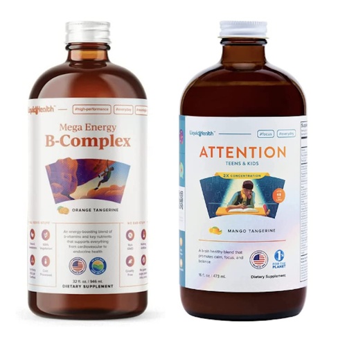 [BRSRMAQOCIAQAHI3] LIQUIDHEALTH Mega Energy B-Complex & Attention Teens & Kids Liquid Vitamin Bundle for Children - Improve Focus & Concentration, Boost Mood, Increase Natural Energy Levels - Vegan, Non-GMO, USA Made