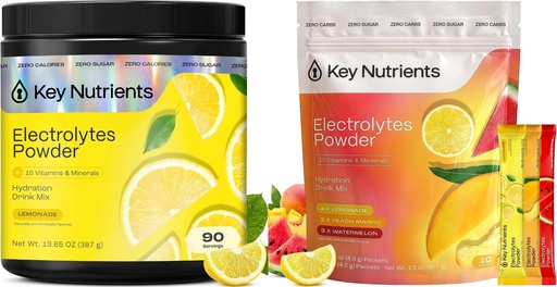 [BRSRGCAROR6QKDTJ] KEY NUTRIENTS Electrolytes Powder Bundle, Lemonade 90 Servings + Electrolyte Powder Packets Variety Pack 10 Count, Sugar Free Hydration Drink Mix with Vitamins & Minerals, No Calories