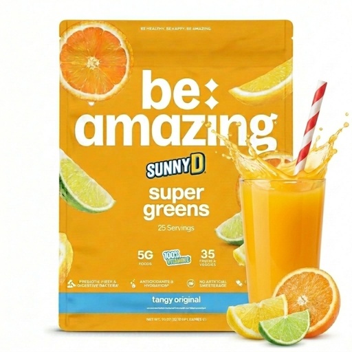 [BRSROZQ7CQDQOELB] BE AMAZING Super Greens Powder with Prebiotics, Digestive Enzymes & Antioxidants, 35 Fruits & Veggies, Electrolytes & Fiber, Vegan, Gluten Free Juice & Smoothie Mix, Sunny D, 25 Servings