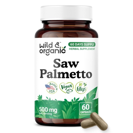 [BRSRAHA3BNYQM33F] Wild & Organic Saw Palmetto Capsules 500 mg - Urinary Tract Support for Men & Women - Pure Saw Palmetto Powder Supplement - Serenoa Repens Berries - 60 Days of Supply - Vegan, Non-GMO - 60 Count