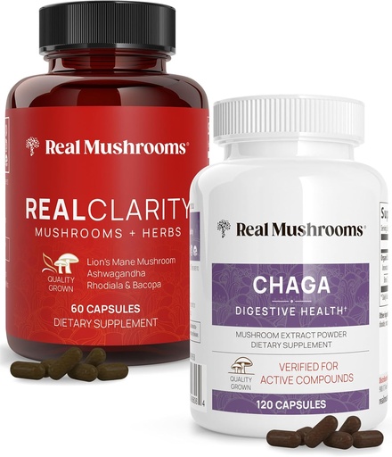 [BRSW2AD6CMIRGETL] Real Mushrooms RealClarity (60ct) y Chaga (120ct) Capsules Bundle - Mushroom Supplement for Mental Clarity, Focus, Digestive Health & Immune Support - Vegan, Non-GMO, Verified Levels of Beta-Glucans