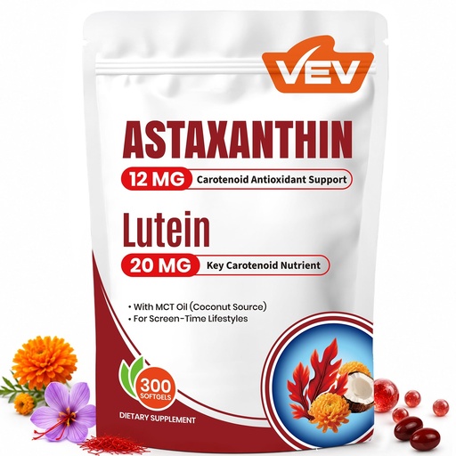 [BRSRGCTRCJ5B4HLO] VEV Astaxanthin 12mg & Lutein 20mg Supplements with Saffron Extract, Vitamin E and Zinc, MCT Oil from Coconut, 150 Servings, 300 Softgels