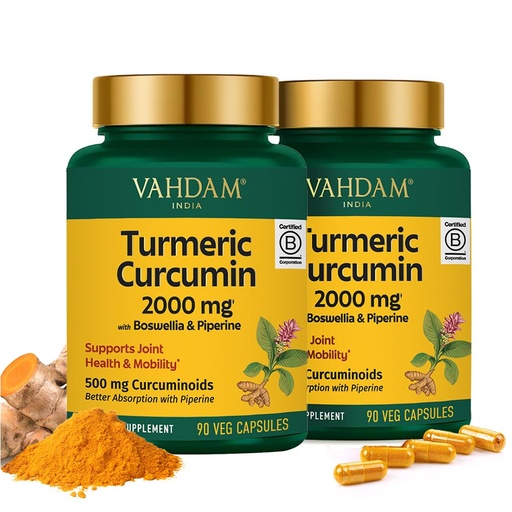 [BRSREAY7OEMGADLL] VAHDAM Turmeric Curcumin 2000mg (500mg Curcuminoids) with Boswellia & Piperine for Fast Absorption | Supports Joint Health and Mobility | 90 Capsules (Pack of 2)