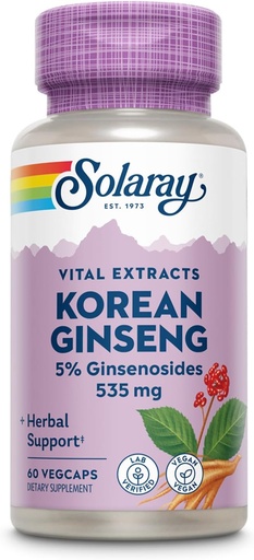 [BRSWIYTYO4HGIC3A] SOLARAY Korean Ginseng Root Extract - Herbal laguntza noizbehinkako estresa, energia eta Endurance fisikorako - %5 Ginsenosides - Vegan, Lab Verified - 60 zerbitzari, 60 VegCaps