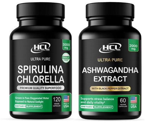 [BRSREHQFCIFRME3P] Spirulina Chlorella 3000mg + Ashwagandha 2000mg with Lemon Balm & Black Pepper – Natural Detox & Stress Support – Vegan Capsules – Made in USA