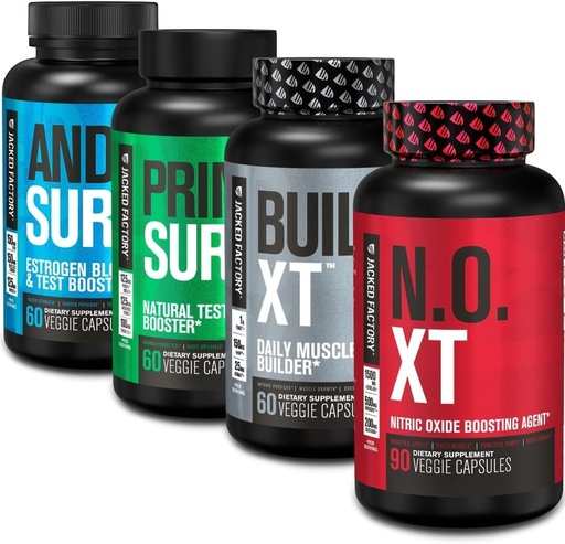 [BRSWYGQPCIFGAEIZ] Jacked Factory Androsurge Estrogen Blocker for Men + Primasurge Testosterone Booster for Men + N.O. XT Nitric Oxide Booster + Build XT Muscle Builder