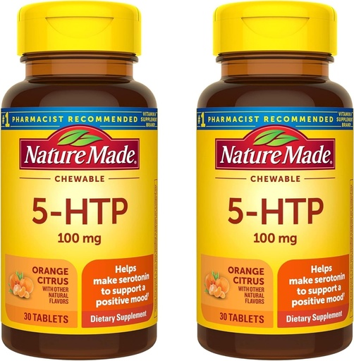 [BRSRA2Y6C4ORAYA6] Nature Made Chewable 5HTP 100mg, 5-HTP Mood Support Supplement, 30 5 HTP Chewable Tablets, 30 Day Supply (Pack of 2)