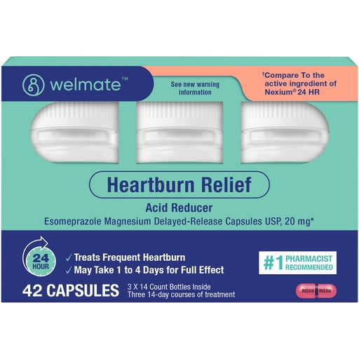 [BRSROCA7PIDW2H3A] WELMATE Esomeprazole Magnesium 20mg Heartburn Medicine | Acid Reducer, Delayed Release Capsules, Acid Reflux Relief, 24-Hour Protection for Frequent Heartburn, 42 Capsules (6-Week Supply)