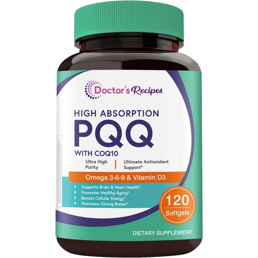 [BRSREHQNPIFQEADF] Doctor's Recipes PQQ Supplement 40 mg with CoQ10, Omega 3-6-9 Essential Fatty Acids, Highly Purified and Bioavailable, Brain Energy Heart Health, Pyrroloquinoline Quinone Disodium Salt, 120 Softgels