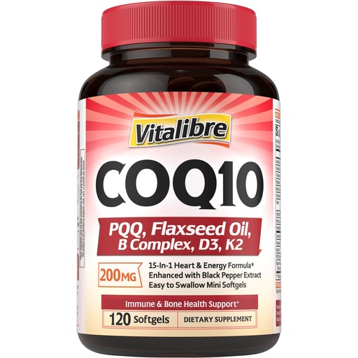 [BRSREZQRA4AWA233] Vitalibre CoQ10 200mg, Ubiquinone with PQQ, Folate, Niacin, K2, D3, Black Pepper, High Absorption, Powerful Antioxidant, Energy Booster, Immune & Bone Support, 120 Easy to Swallow Softgels