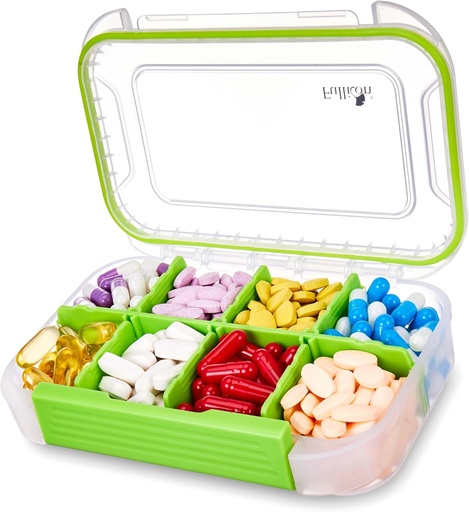 [BRSROZQPAENQEE3Z] Fullicon Large Pill Organizer with 8 Compartments, Moisture Proof Travel Pill Box with Removable Divider, Daily Pill Container with Lables, Pill Case for Vitamin, Fish Oil, Supplement (Clear Green)