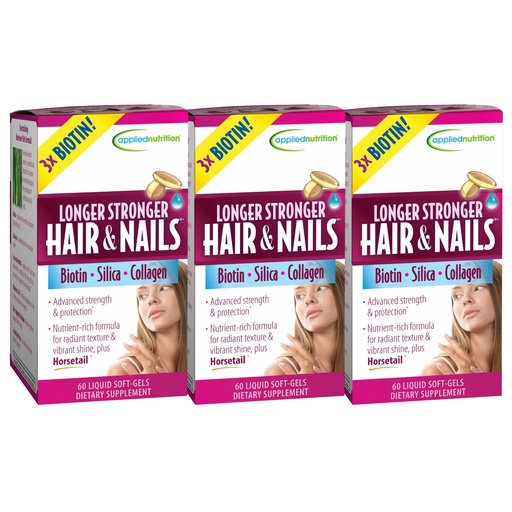 [BRSWIA3ROUBWMEDK] Applied Nutrition Longer Stronger Hair & Nails - 60 Liquid Soft-Gels, Pack of 3 - Biotin, Silica & Collagen - 90 Servings