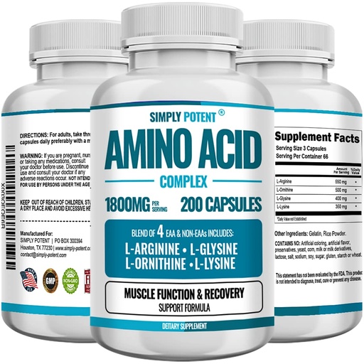 [BRSRMCT5CANBQDQU] Simply Potent Amino Acid Complex 1800mg 200 Capsules, Blend of 4 Essential and Non Essential Amino Acids, Includes L-Arginine 550mg, L-Ornithine 500mg, L-Glysine 400mg & L-Lysine 350mg for Muscle