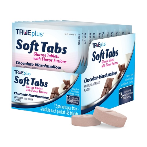 [BRSWGFI3A4FGMDTP] TRUEplus Soft Tabs Glucose Tablets, Chewable, Chocolate Marshmallow Flavor, 16g Fast-Acting Carbohydrates, Fat Free, Gluten Free, Boost Energy, 4 Count, 12 Packs